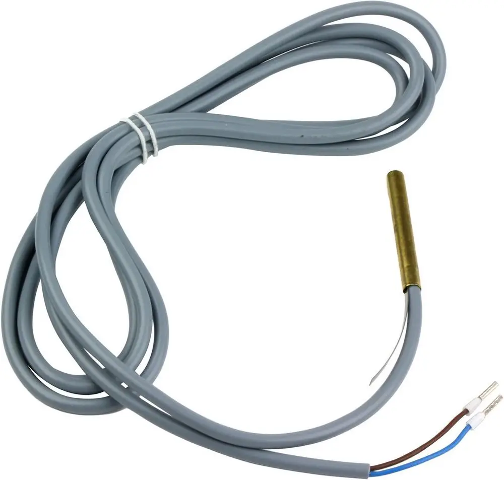 Bosch Temperaturfühler mit grauem Kabel und metallischem Sensor. Drei Aderleitungen in Blau, Braun und Weiß sind sichtbar.